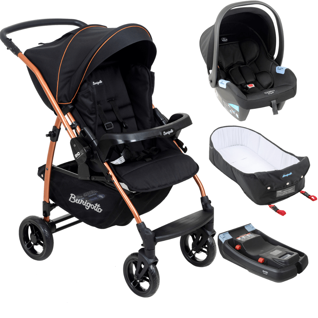 Carrinho com Bebe Conforto Base Ninho Burigotto Rio K Cobre