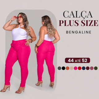 Calça Plus Size Feminina Liso Bengaline Cós Altos Tecido Modelador Levanta Bumbum Reduz Pochete