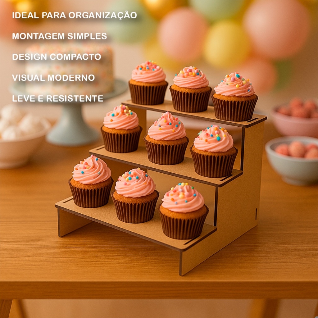 Escada Escadinha Expositora Madeira MDF 4 Degraus para Doces Cupcakes Festas Aniversário Decoração Feira