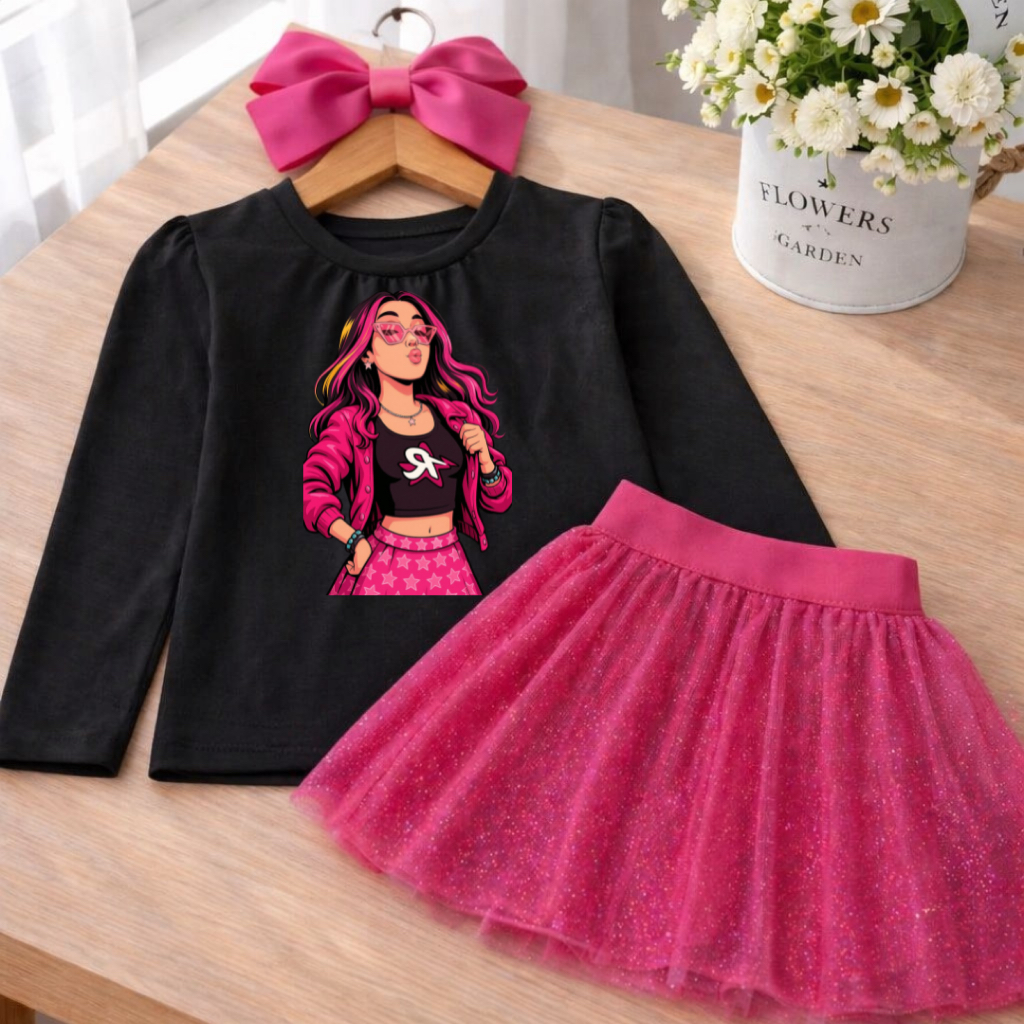 Conjunto Menina Emily Vick Rosa Pink Blusa Manga Longa + Saia Tule Glitter Roupa Infantil Festa 1 a 10 Anos Blogueira