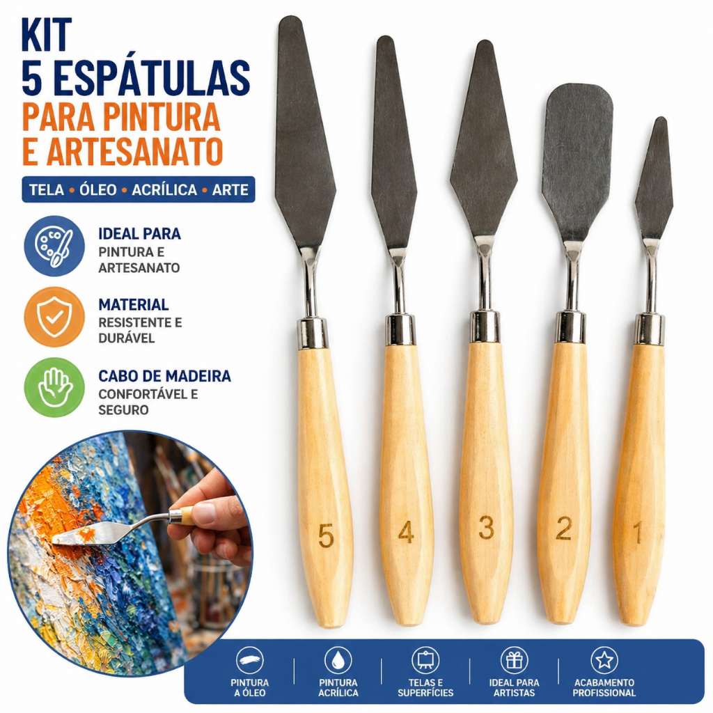 Kit 5 Espátulas Para Pintura e Artesanato Tela Óleo Acrílica Arte