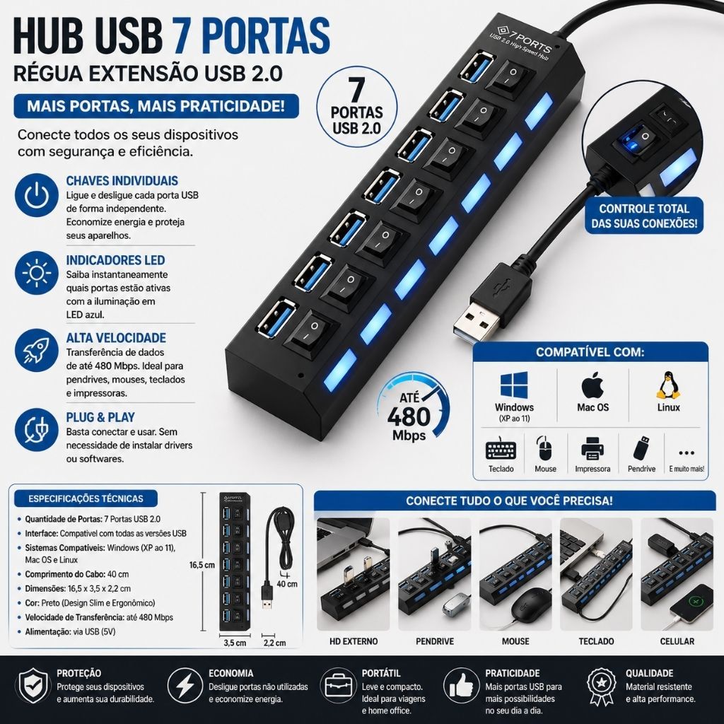 Hub USB 7 Entradas Com LED Chave Liga Desliga Individual Pc Notebook Hd Pendrive