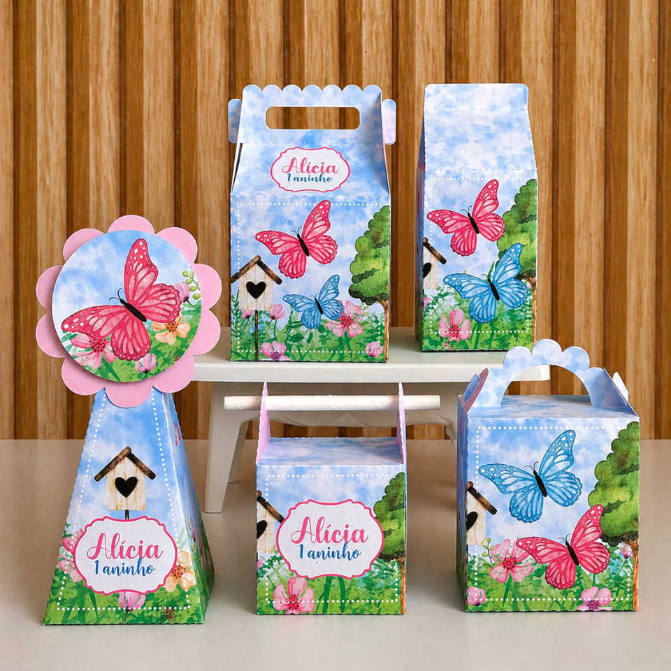 Kit Festa Caixinhas Personalizadas Jardim das Borboletas 2 Desmontadas para Lembrancinhas