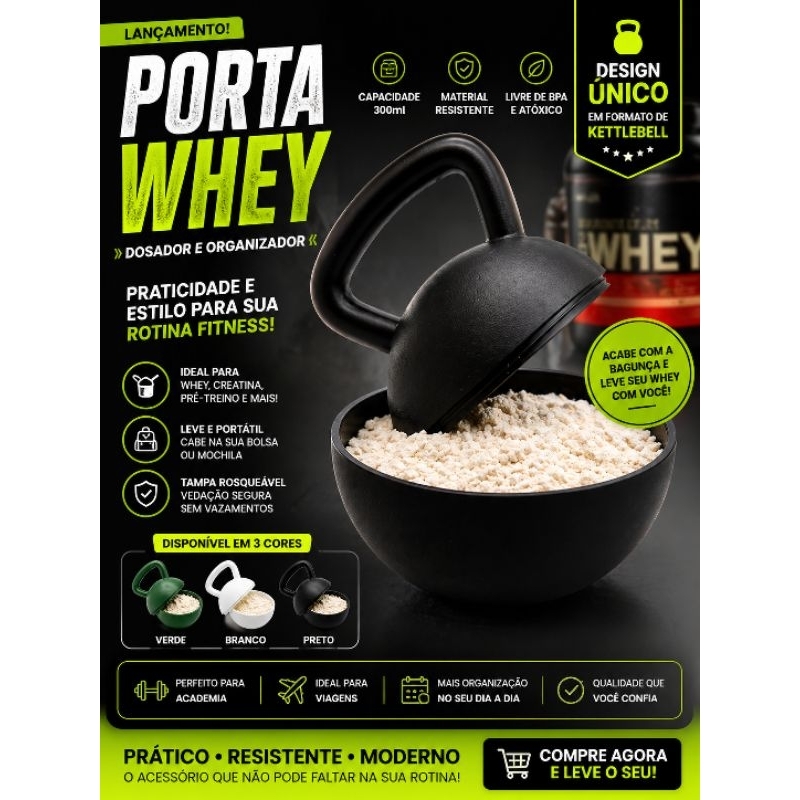 Kettlebell Pote Porta Whey Suplementos  Recipiente para Suplemento Fitness Portátil Verde, Preto ou Branco