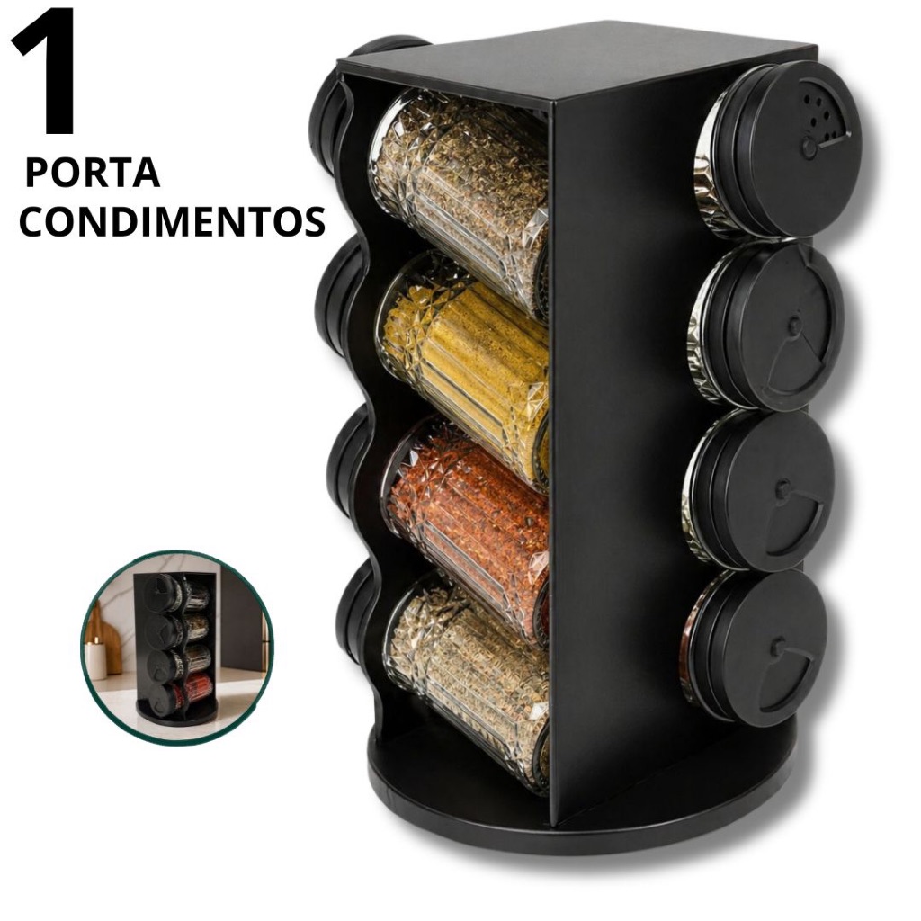 Porta Condimentos Giratório 8 Potes Vidro Com Suporte Organizador Tempero Cozinha 360° Preto