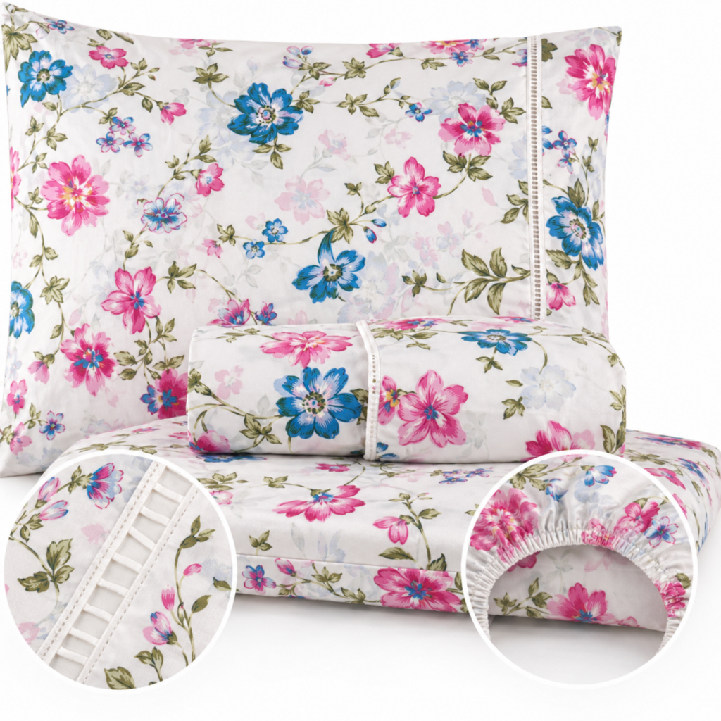 Jogo de Lençol Estampado Floral Ponto Palito 400 Fios Solteiro Casal Queen Vários Tamanhos