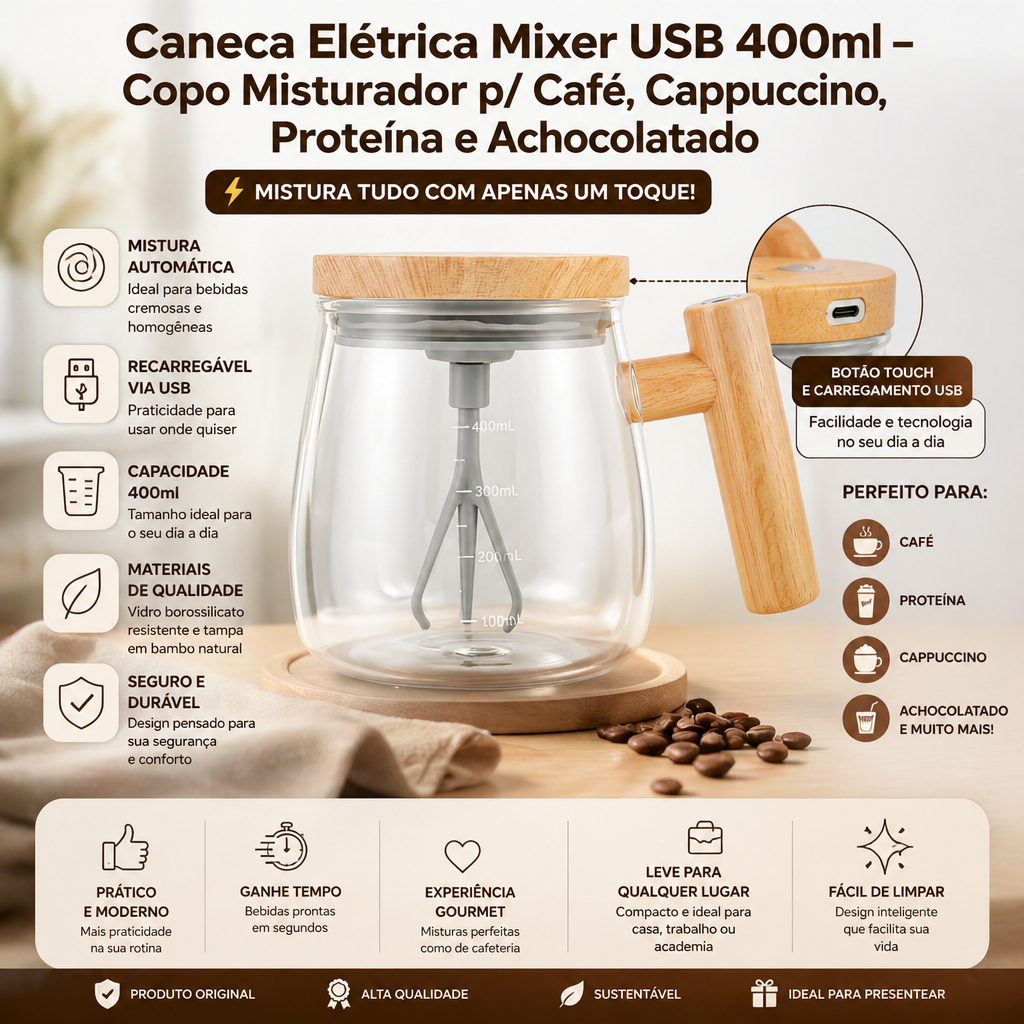 Caneca Elétrica Mixer USB 400ml – Copo Misturador p/ Café, Cappuccino, Proteína e Achocolatado