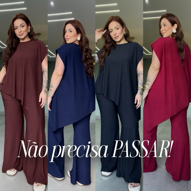 Conjunto Feminino Pantalona Assimétrico Anarruga Premium Não Precisa Passar Elegante
