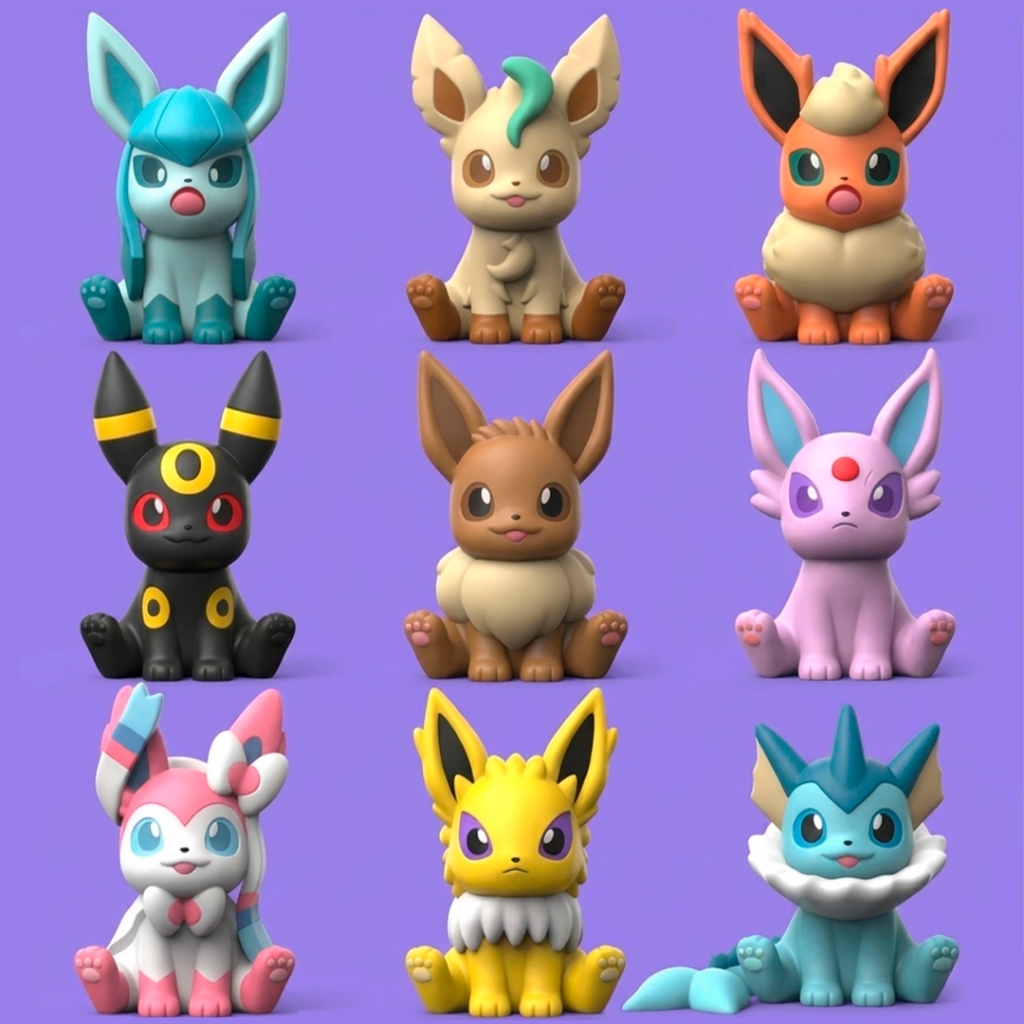 Kit Eevee Evoluções: Flareon, Jolteon, Vaporeon, Espeon, Umbreon, Leafeon, Glaceon, Sylveon e Eevee - chibi