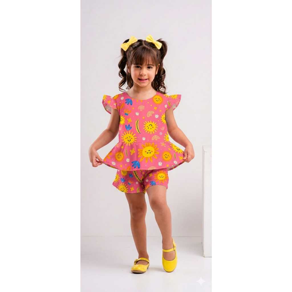 Conjunto Infantil Menina Blusa Estampada + Short Verão Casual Princesa Moda Infantil 2 a 8 anos