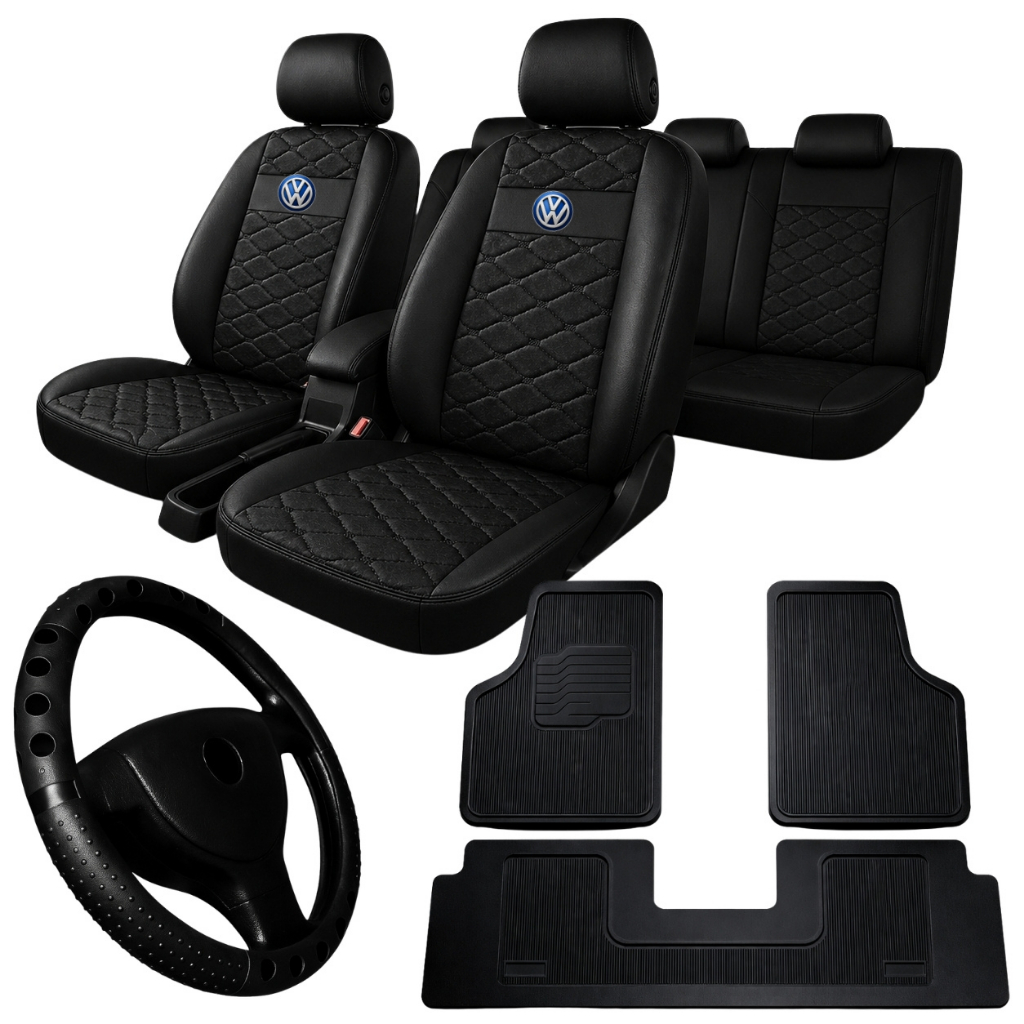 kit Capa de Banco de Carro Automotivo Couro Carro Gol Fox Voyage Polo Golf Crossfox Santana + tapete