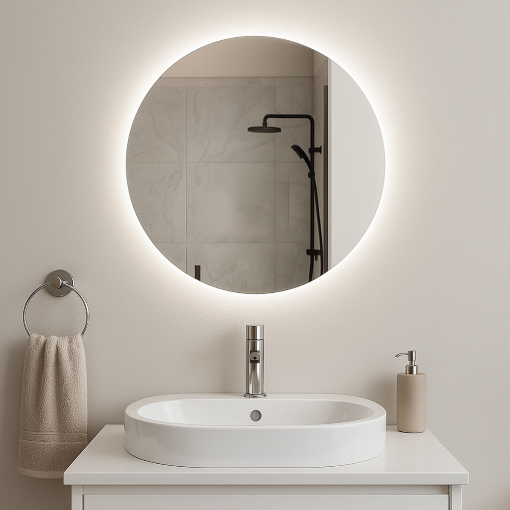 Espelho Redondo 40cm com LED e Fonte Lapidado Decorativo Para Quarto Sala Banheiro