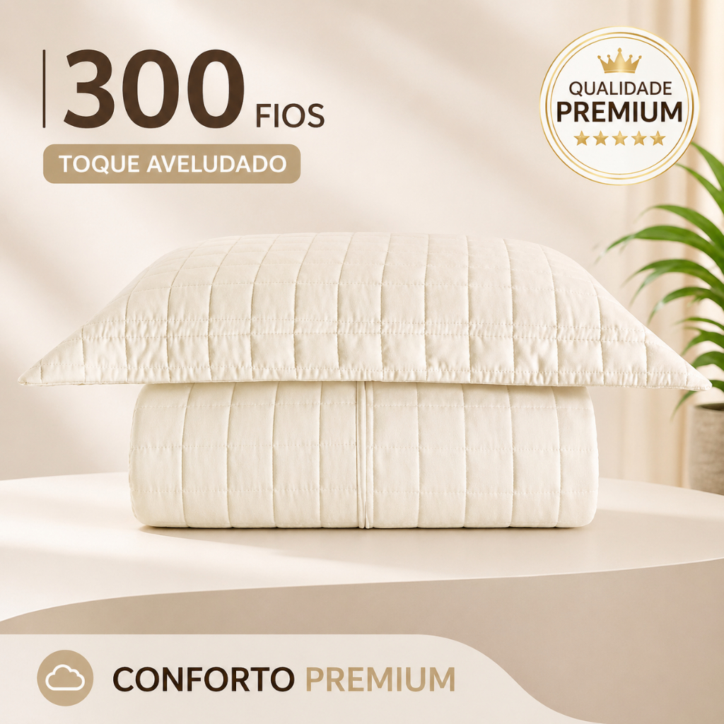 Cobre Leito Luxo Colcha Solteiro com Porta Travesseiro Matelassê Percal 300 fios - Marfim