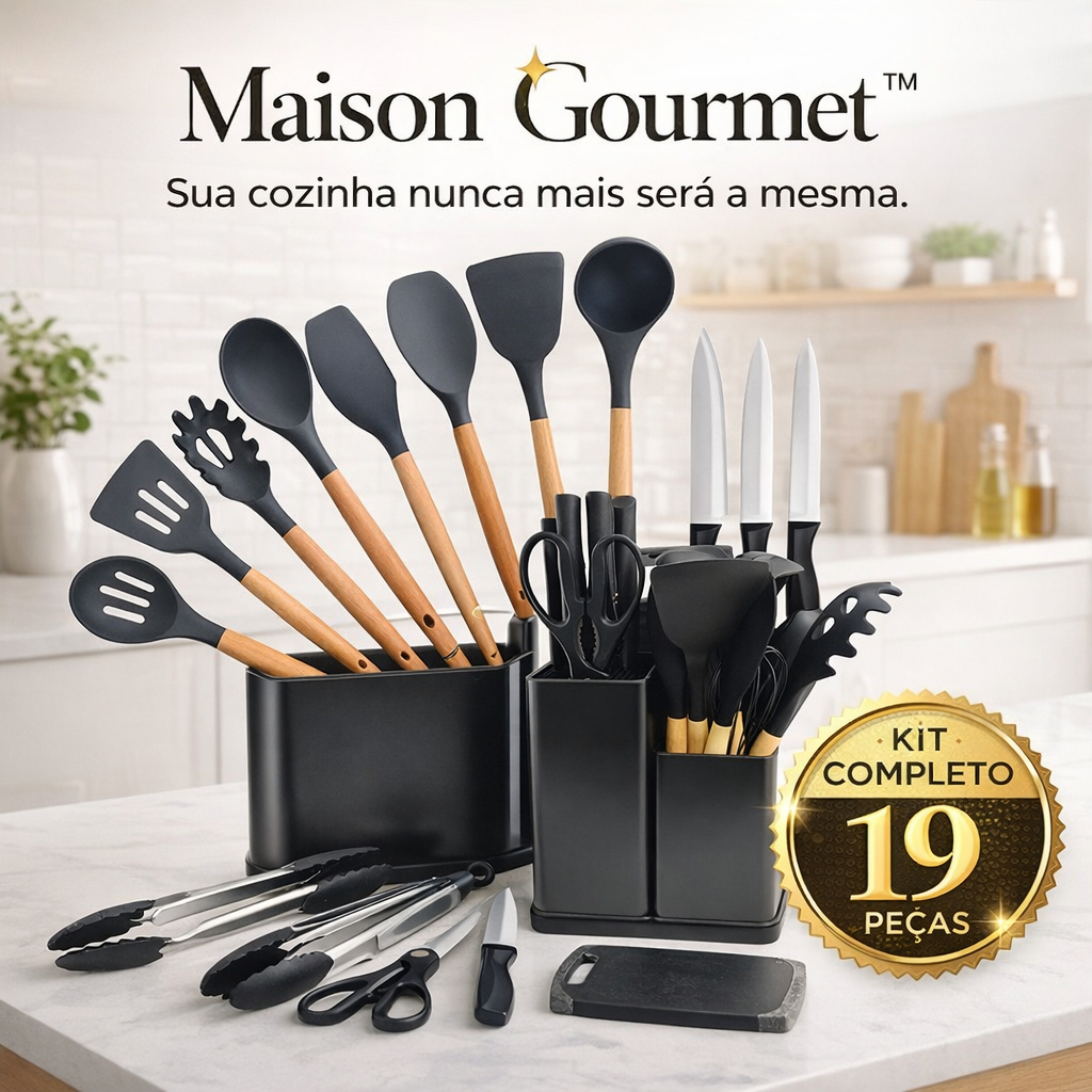Conjunto Utensílios De Cozinha 19 Peças Completo Silicone Cabo Madeira Com Suporte Faca Tábua Preto