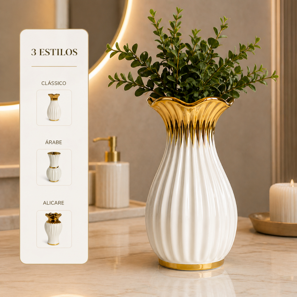 Vaso Decorativo em Cerâmica Branco com Detalhes Dourados
