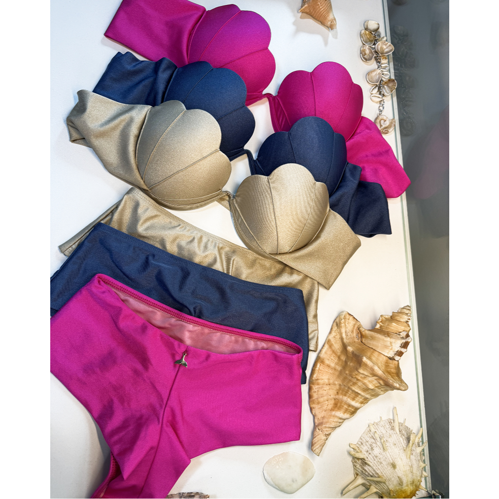 Biquíni Estilo Sereia Cintura Alta Hot Pant Semi Fio Duplo Top Concha Tomara que Caia Alça Removível Aro V inteiro