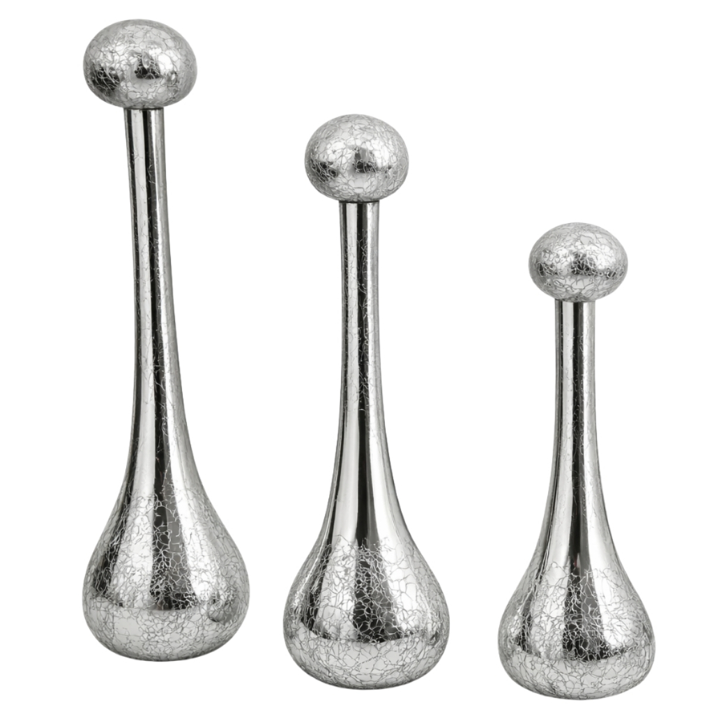 3 Vasos Craquelado Bola Decorativos De Vidro Prateado