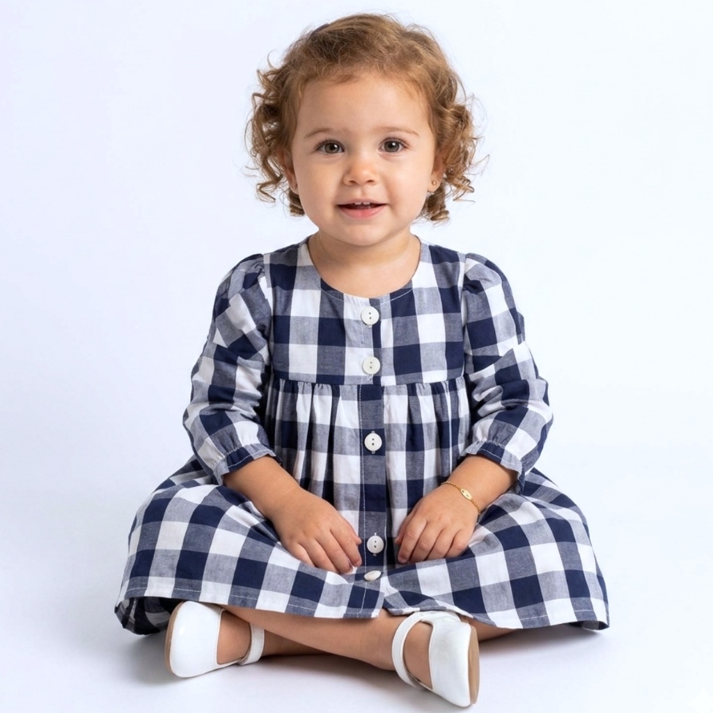 Vestido de Bebê Roupa Menina Xadrez Azul Luxo 100% Algodão Festa Junina