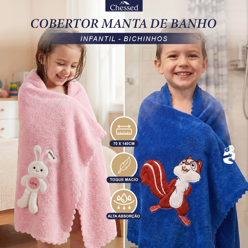 Cobertor Manta De Banho Infantil Felpuda Infantil Bebe Criança Bichinhos Grande 140 x 70cm