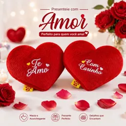 Almofada Coração Pelúcia Romântica Te Amo Com Carinho Presente Dia dos Namorados Macia 12x16cm