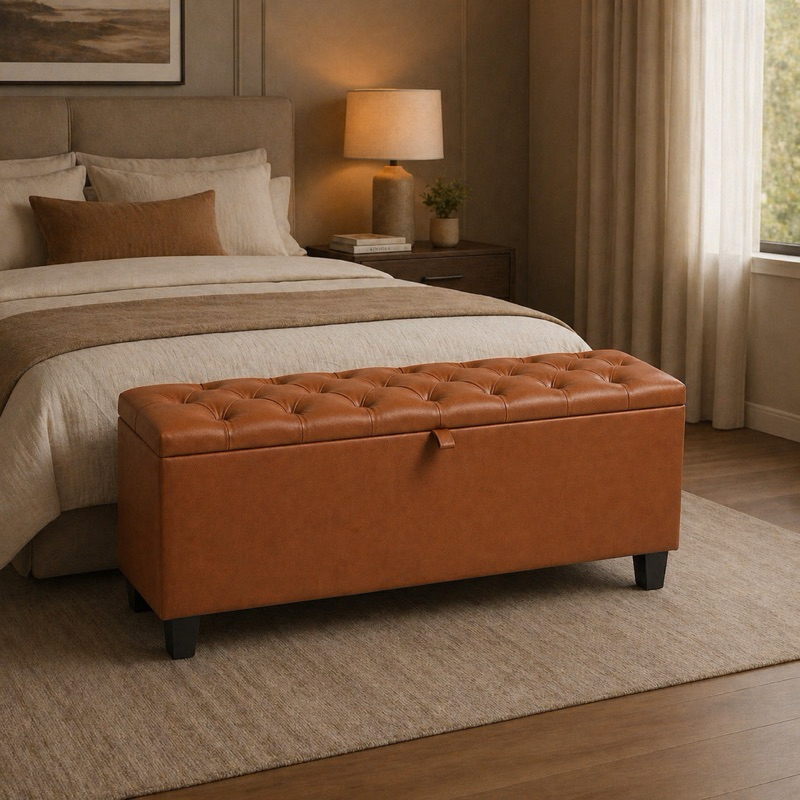 Puff Baú 120cm Casal Recamier Estofado em Corino com Capitonê ideal Para Quartos e Bancos de Decoração