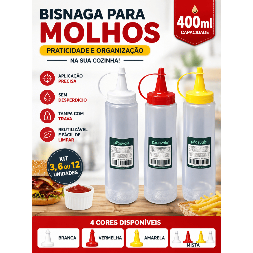 Bisnaga Plástica Squeeze para Molhos e Condimentos Kit 3, 6 ou 12 Un | 200ml, 250ml ou 400ml