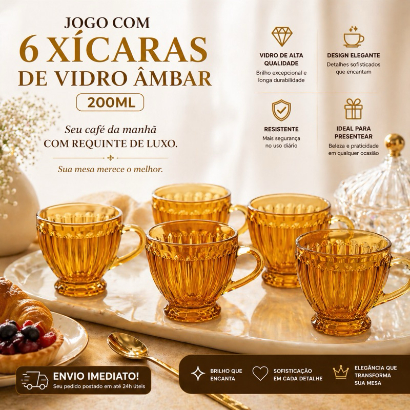Conjunto 6  Xícaras vidro Cozinha Cafe Mesa Itália Âmbar 200ml Mesa Posta Café da Manhã Resistente