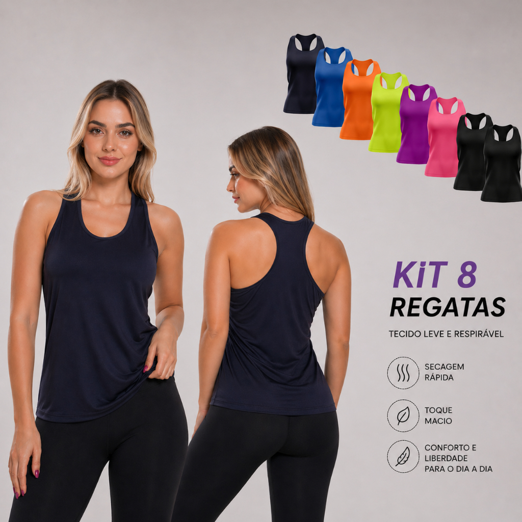 Kit 8 Regatas Nadador Feminina Dry Fit Blusinha Esportina Esportes Corrida, Academia, Cross Fit Regata Lisa