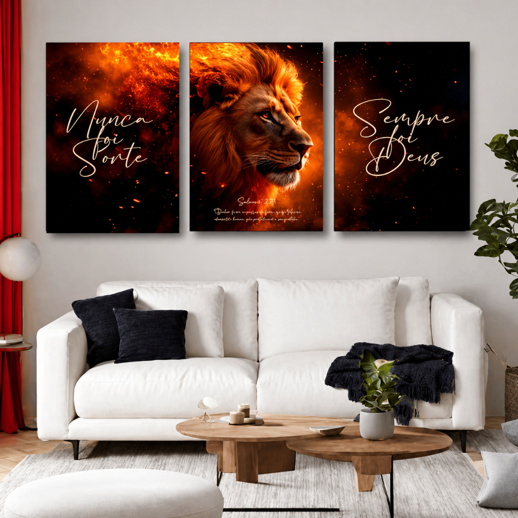 Quadro Decorativo Leão De Judá Fogo Nunca Foi Sorte Sempre Foi Deus Salmos 23:1  3 Peças Religioso em mdf