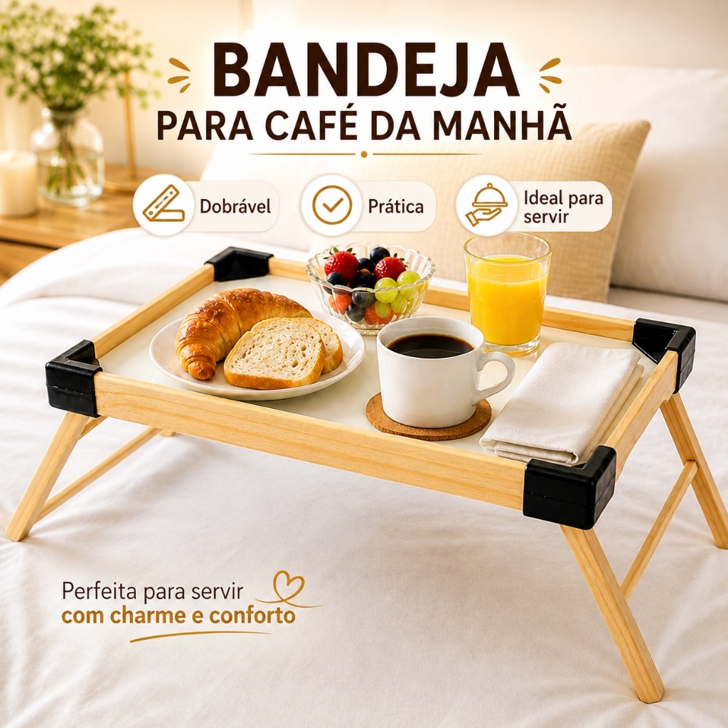 Bandeja de Servir Café da Manhã Refeição Cama Mesa Mesinha Notebook Portátil com Pé Madeira Dobrável Cantinho do Café