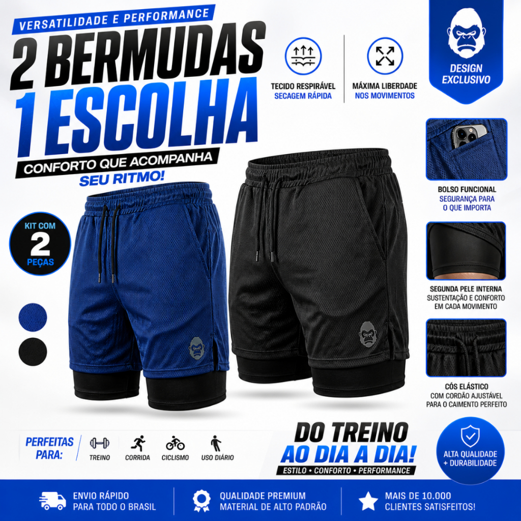 Kit 2 Bermudas Masculinas 2 em 1 Premium Kong Com Suporte para Toalha e Bolso para Celular