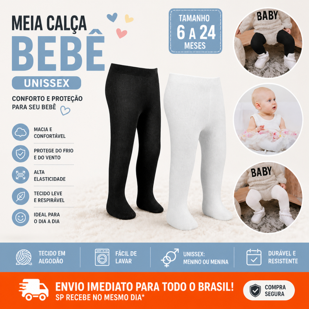 Meia Calça Infantil Bebe Frio 0 a 24 meses Fio 40 Algodão Quentinha