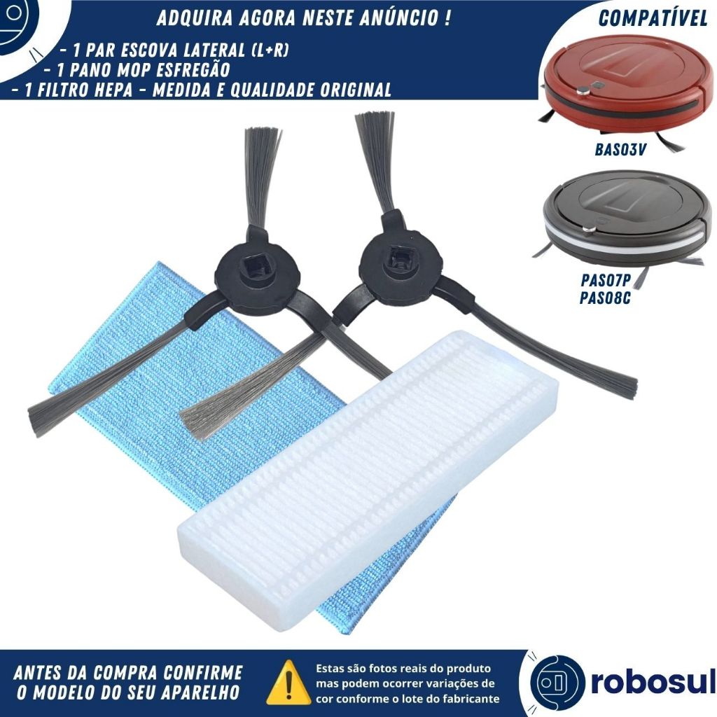 Escovas Filtro Hepa Pano Mop Para Robo Aspirador COMPATÍVEL BRITANIA BAS03V PAS07P e PAS08C