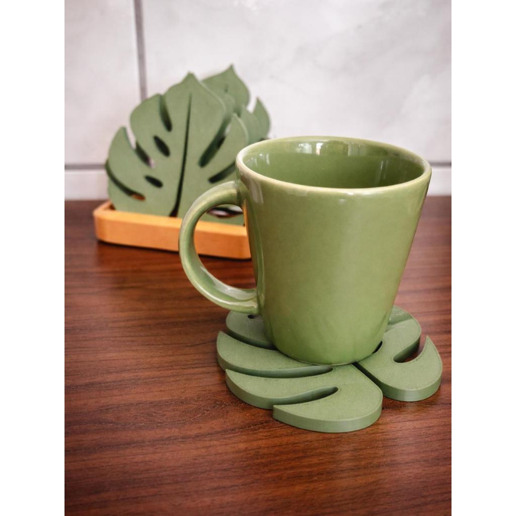 Kit Porta Copos Folha Monstera Decorativo com Base Estilo Tropical Impressão 3D