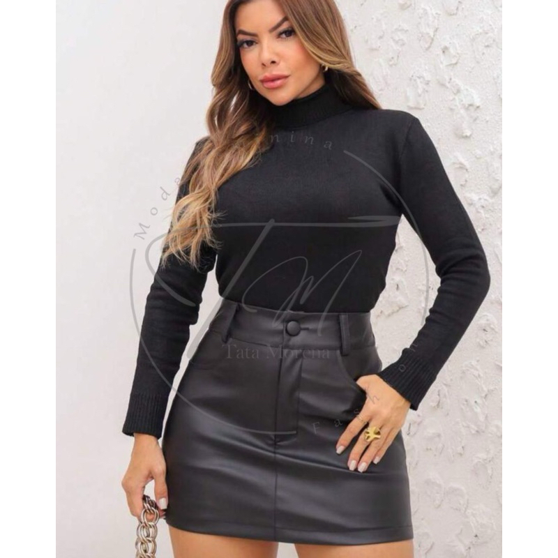 Short Saia Couro PU Feminina Cintura Alta com Botão Feminino