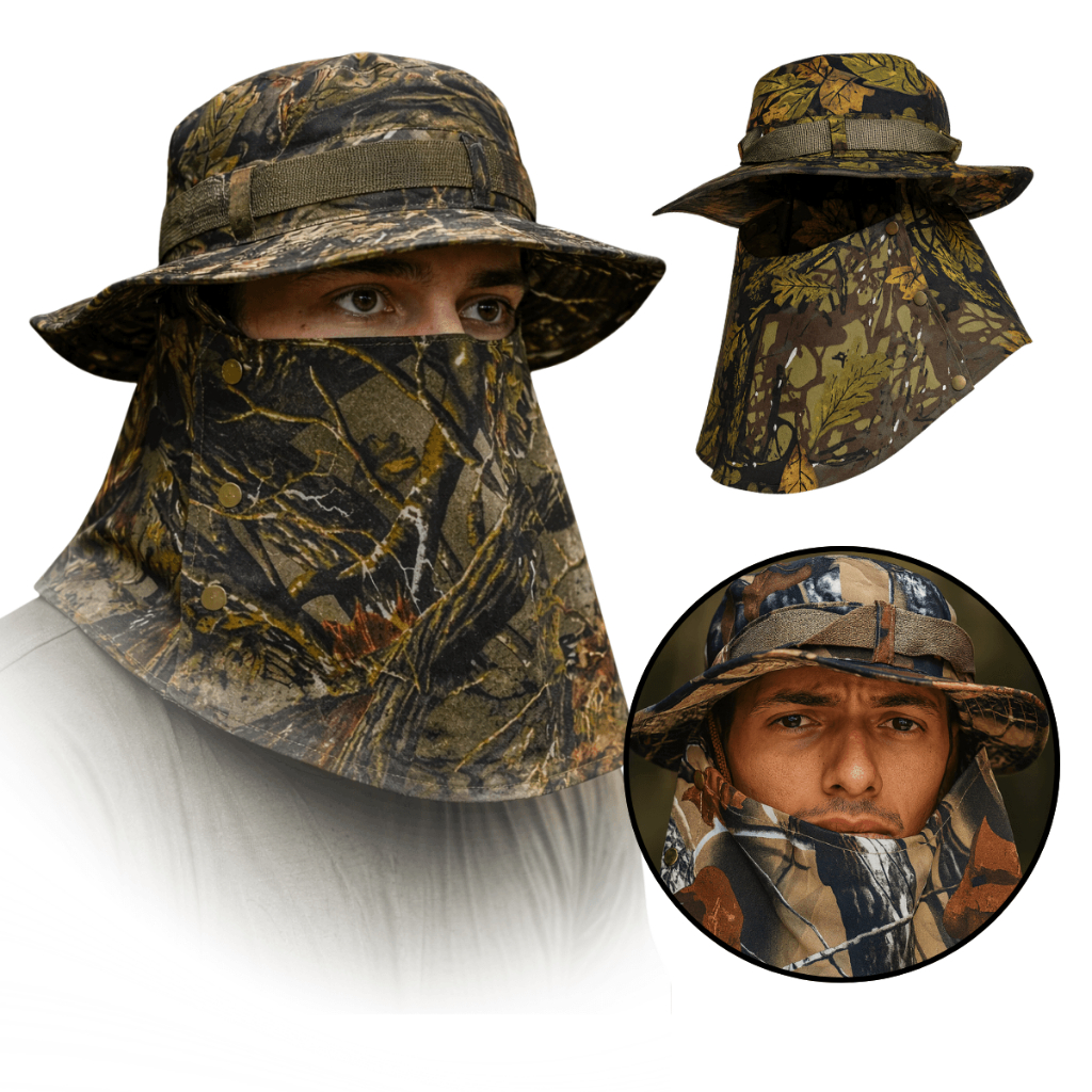 Chapéu de Pescador Proteção Nuca Pescoço Camuflado Aba Larga Cordão Pesca Camping Canavieiro