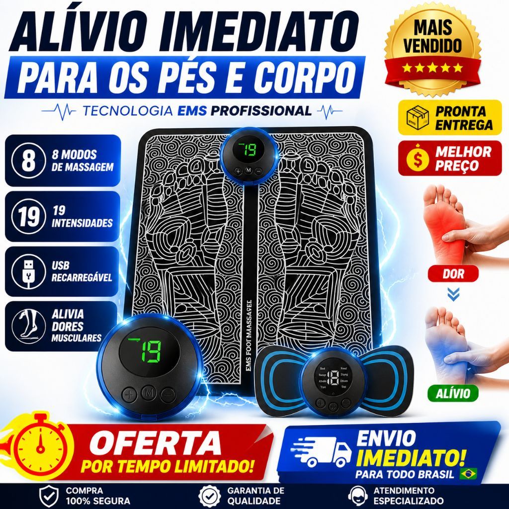 Massageador de Pés Elétrico EMS Portátil Recarregável USB + Tapete Massageador Muscular 8 Modos 19 Intensidades