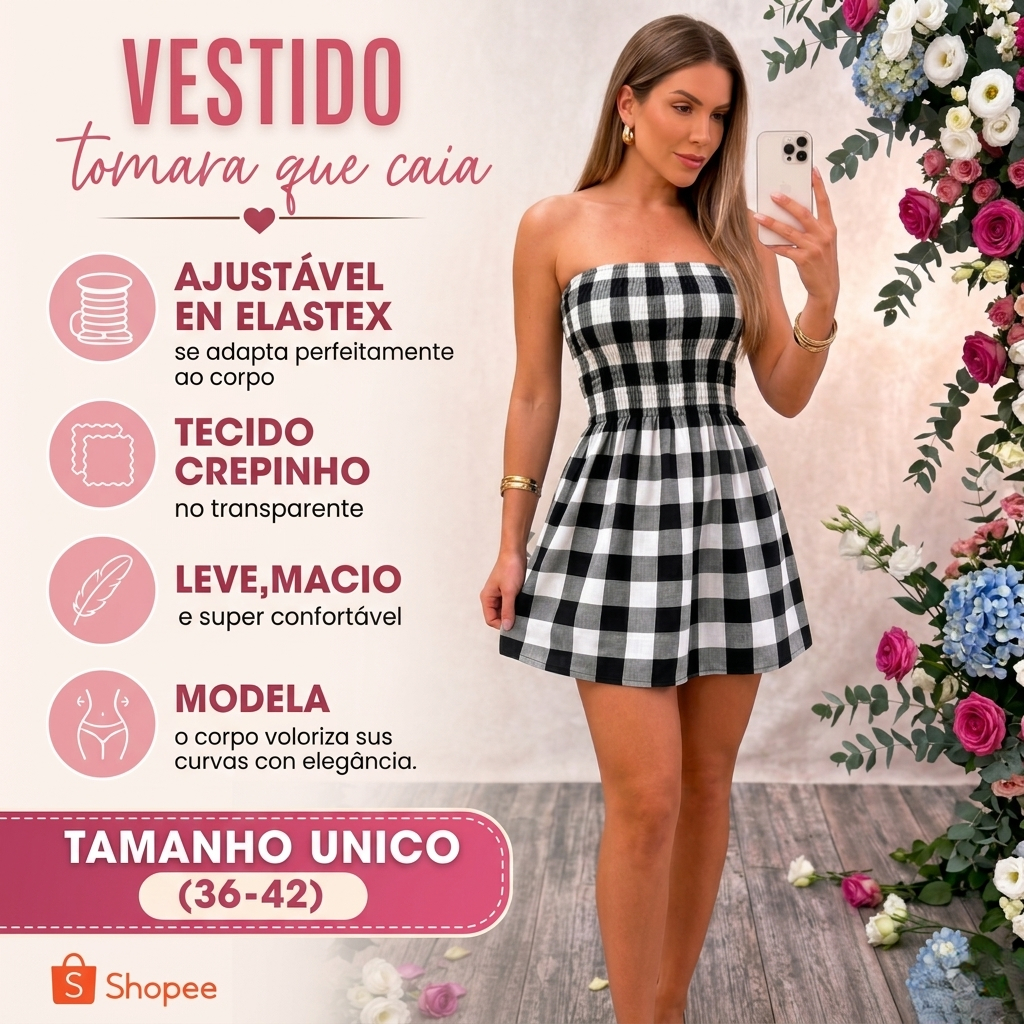 Vestido Tomara Que Caia Xadrez Jovem e Moderno Com Lastex