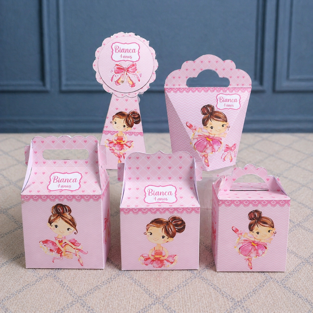Kit Caixinhas Papelaria Personalizada Bailarina 2 Lembrancinha Surpresa aniversário festa infantil Desmontado
