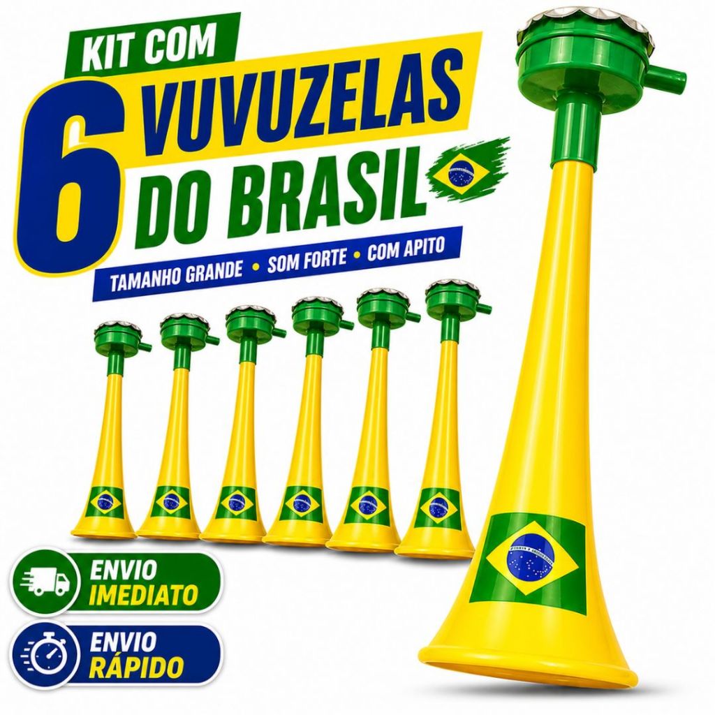 Kit 6 Vuvuzelas Bandeira do Brasil Grande Com Apito | Corneta Torcida Copa do Mundo Brasil