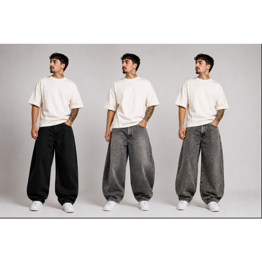 Calça Jeans Balão Baggy Balao Reta Grafite Fumanca Cinza Urban Street Vintage