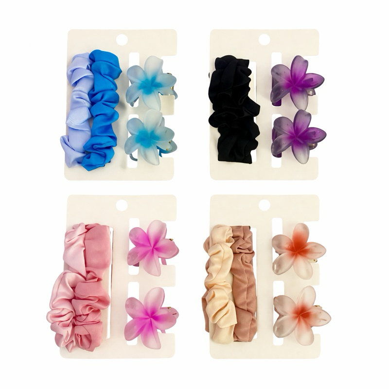 Kit Presilhas Flor + Elástico de Cabelo (Xuxinha / Rabicó / Scrunchie) Acessórios Femininos Várias Cores