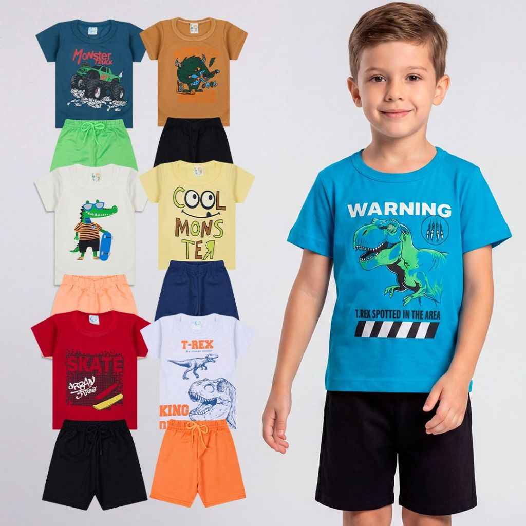 Kit Sortido 6 Peças de Roupas Infantil Menino- 3 Camisetas + 3 Bermudas - Kit 3 Conjuntos de Roupa Verão Menino