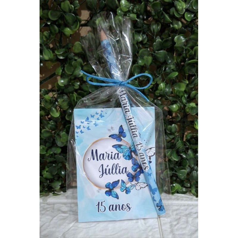 Kit Bloquinho + Lápis Personalizado, Borboleta Azul, Lembrancinha Festa de Aniversário