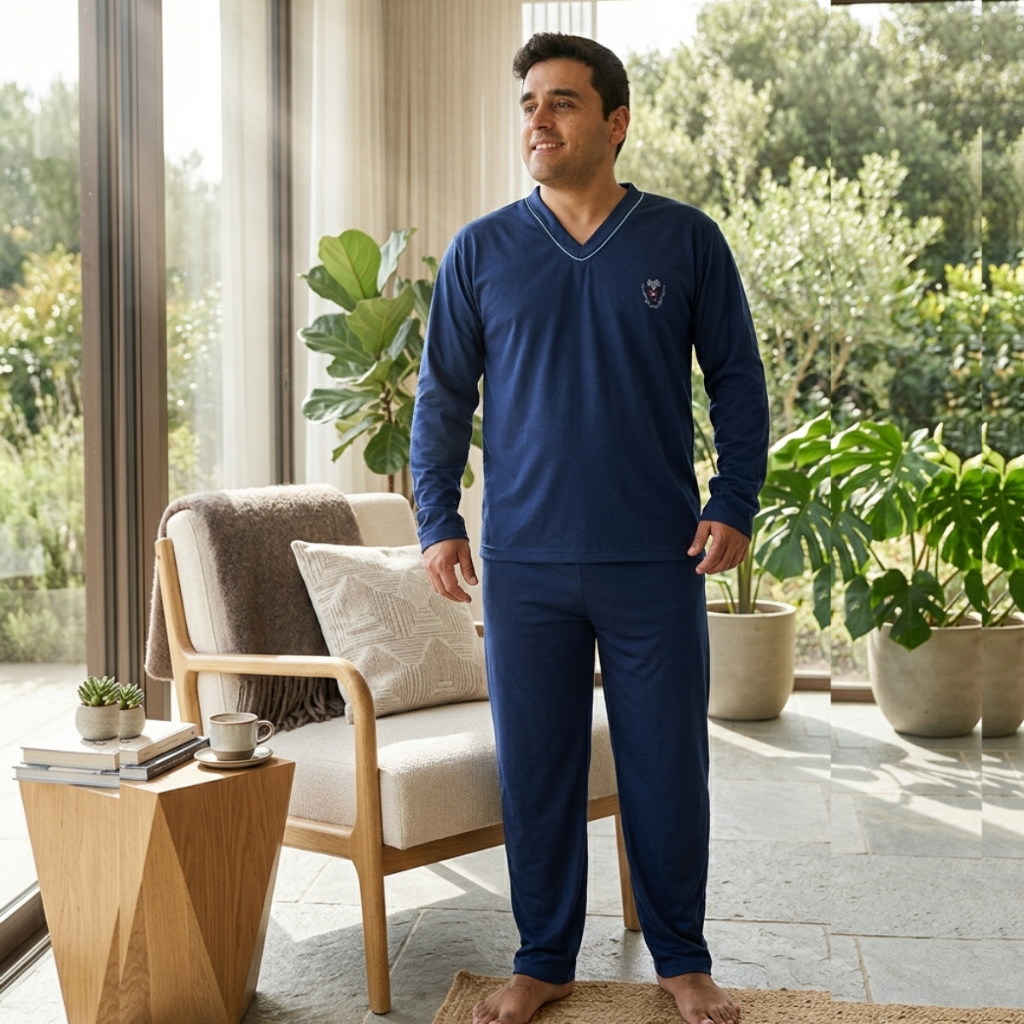 Pijama Masculino Longo Fechado Botão Bonito Manga e Calça Comprida Presente Pai - Linda Morena