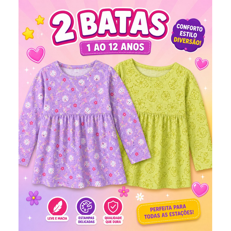 Blusa Bata Infantil Juvenil Menina | Kit Econômico 2 Peças | Leve, Macia e Confortável | 1 a 12 Anos
