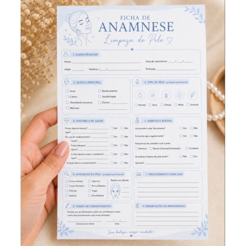 Ficha de Anamnese Limpeza de Pele Facial Profissional Estética PDF Imprimível A5 Cliente Cadastro