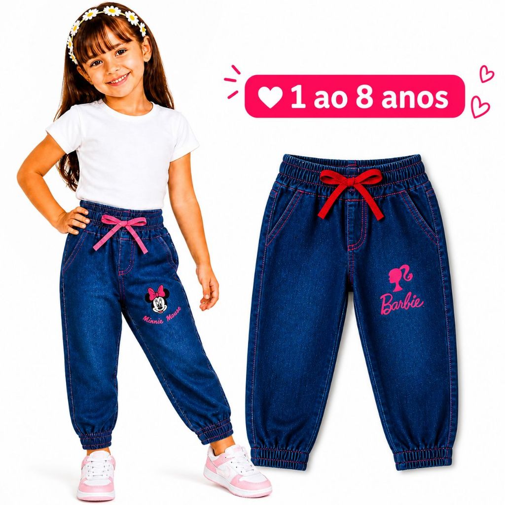 Calça Jeans Infantil Jogger Feminina Bordada 1 a 8 Anos Cós Elástico Confortável Jeans Para Meninas