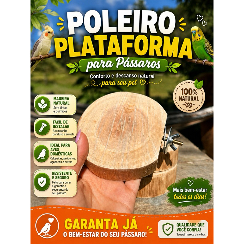 Poleiro plataforma  descanso para passaros de eucalipto natural 12 a 14Cm