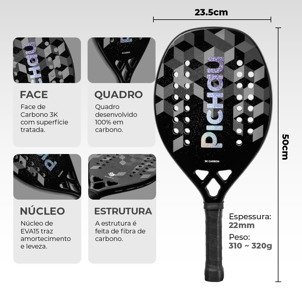 Raquete de Beach Tennis Pichau Nocturne Bay 3K Carbon 28 Furos, PES-RKT-NCT · foto 2
